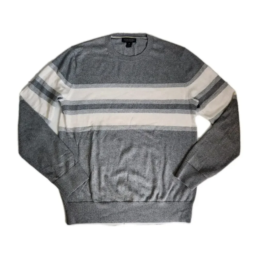 BANANA REPUBLIC Luxury Blend Silk Cashmere Striped Gray Crewneck Sweater M